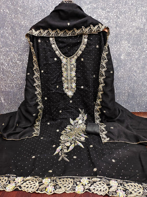 Dreamy Black Floral Embroidery Vichitra Silk Dress Material Enhanced With Swarovski Work - Image 2