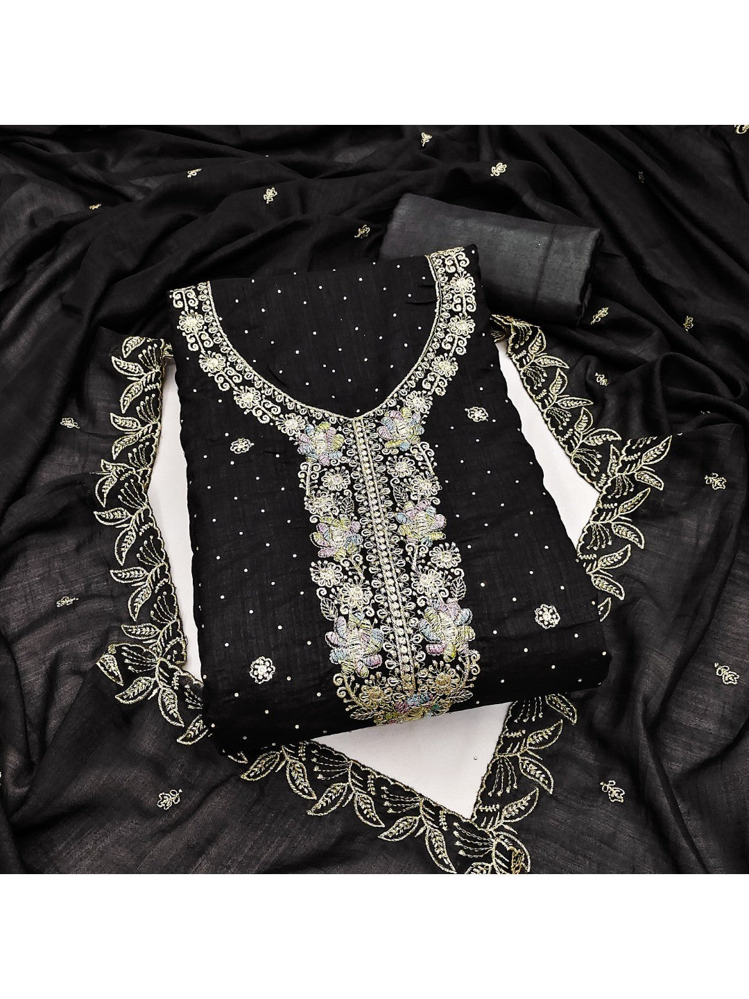 Dreamy Black Floral Embroidery Vichitra Silk Dress Material Enhanced With Swarovski Work - Image 3