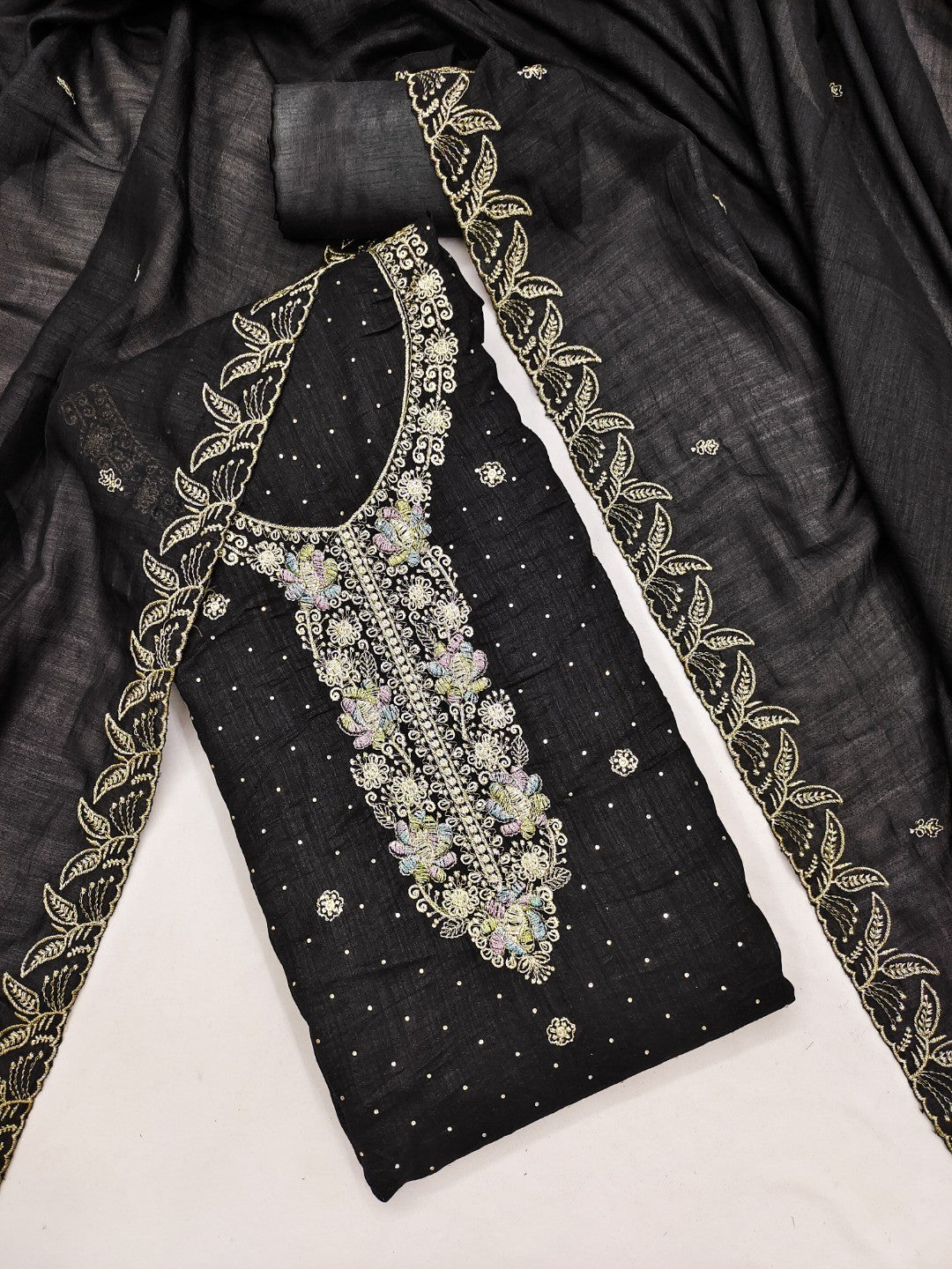 Dreamy Black Floral Embroidery Vichitra Silk Dress Material Enhanced With Swarovski Work - Image 5