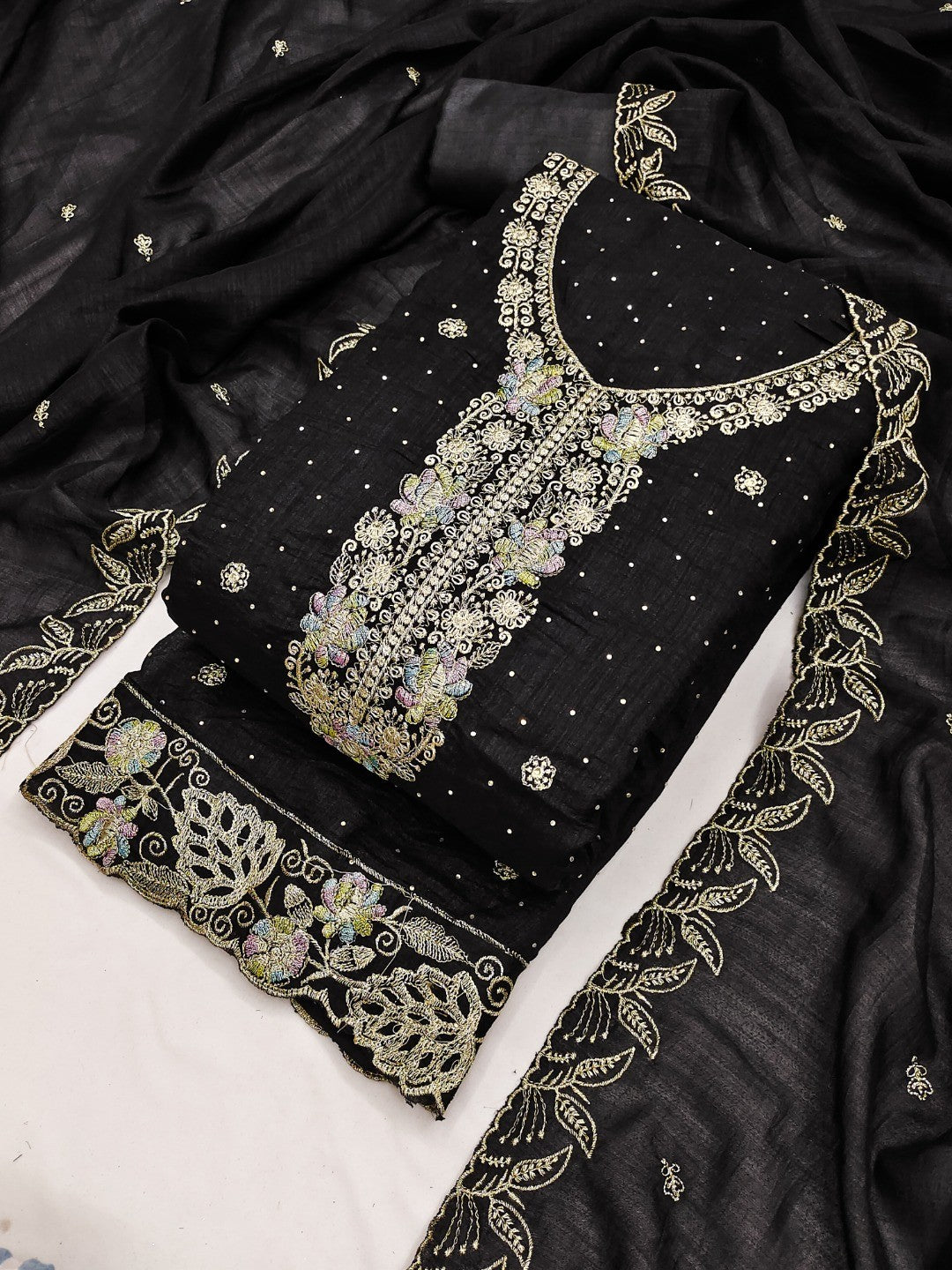 Dreamy Black Floral Embroidery Vichitra Silk Dress Material Enhanced With Swarovski Work - Image 1