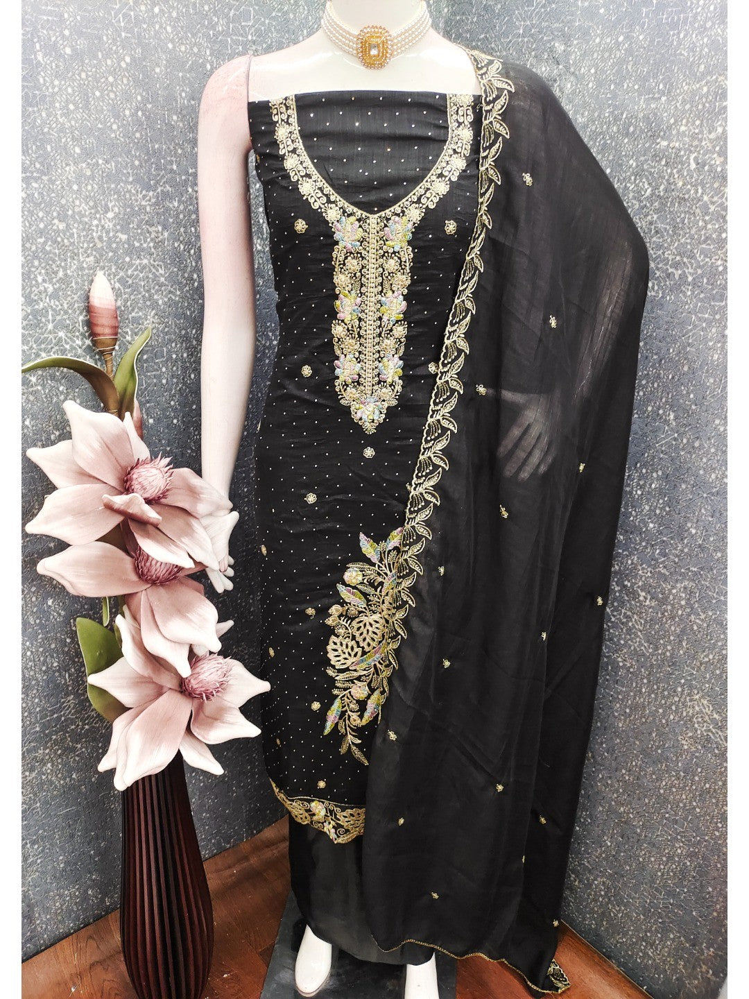 Dreamy Black Floral Embroidery Vichitra Silk Dress Material Enhanced With Swarovski Work - Image 6