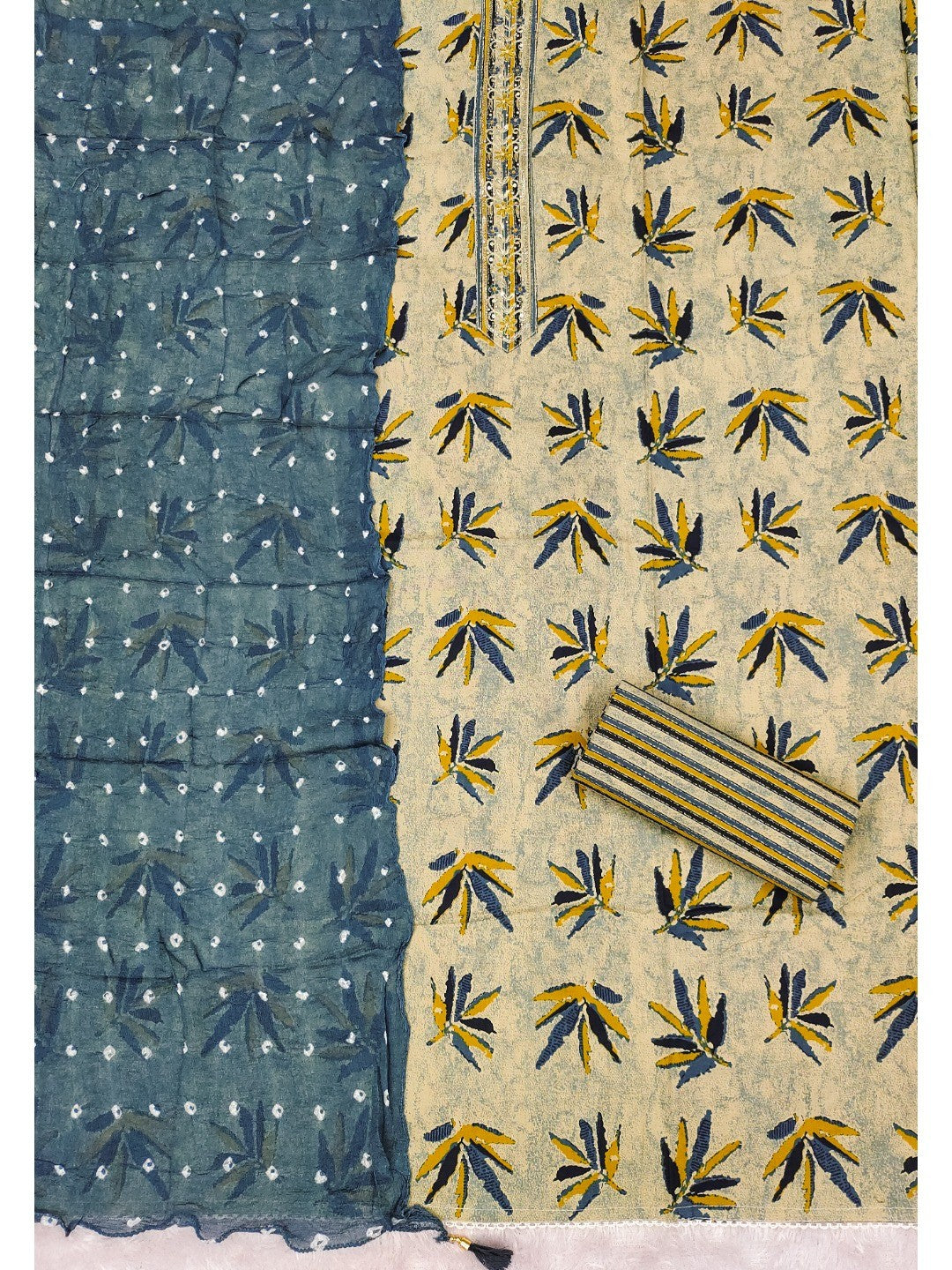 Grey Leaf Printed Pure Cotton Dress Material With Hand Floral Embroidered Neckline - Image 3