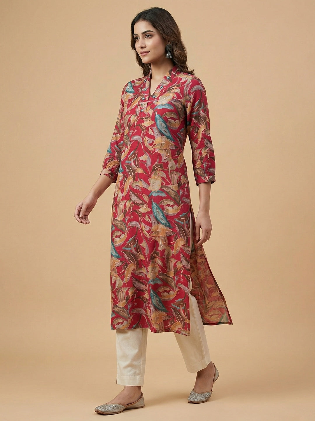 Crimson Red Floral Print Viscose Kurti with Mandarin Collar and Detailed Floral Pattern - Image 4