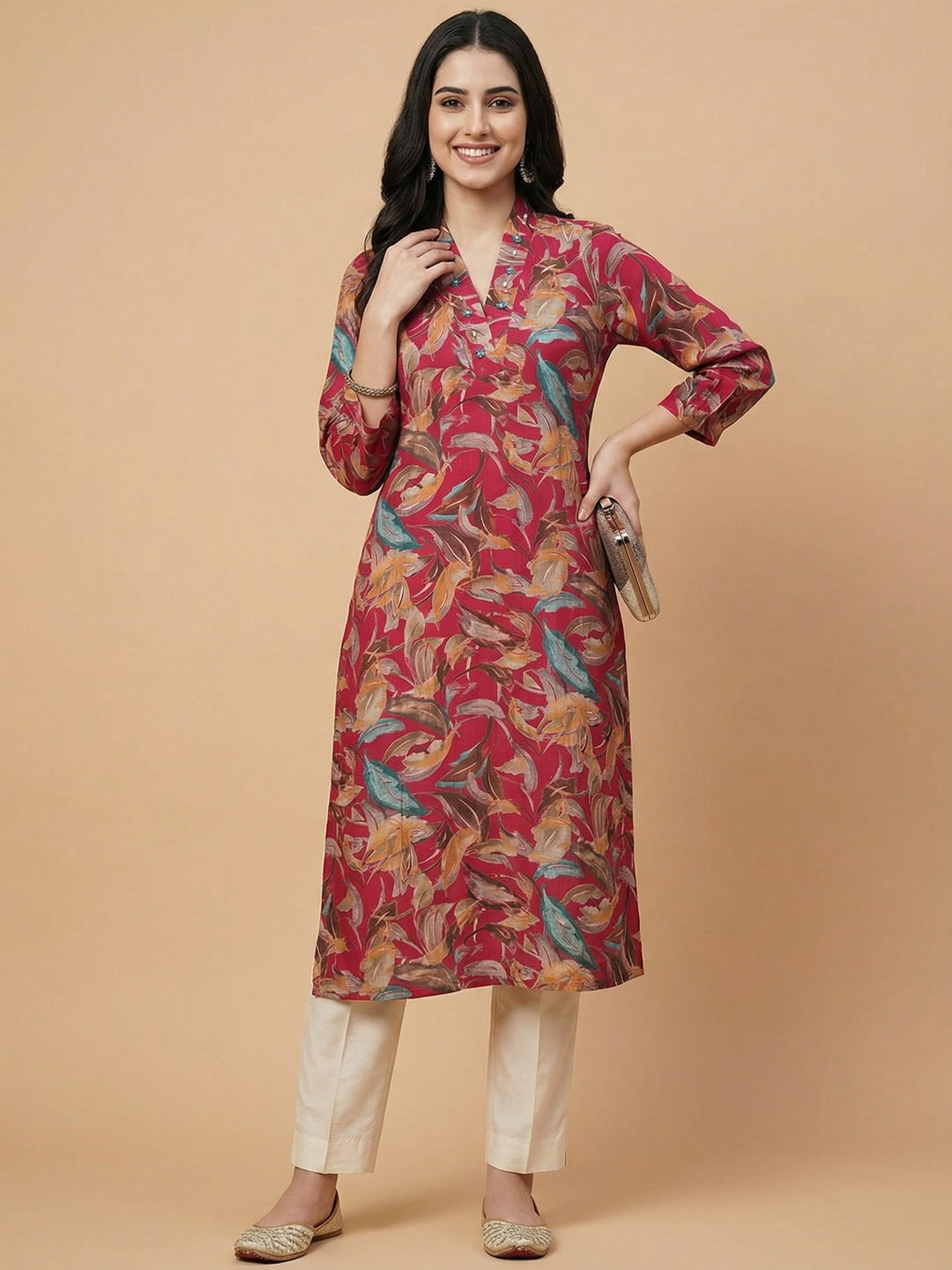 Crimson Red Floral Print Viscose Kurti with Mandarin Collar and Detailed Floral Pattern - Image 1
