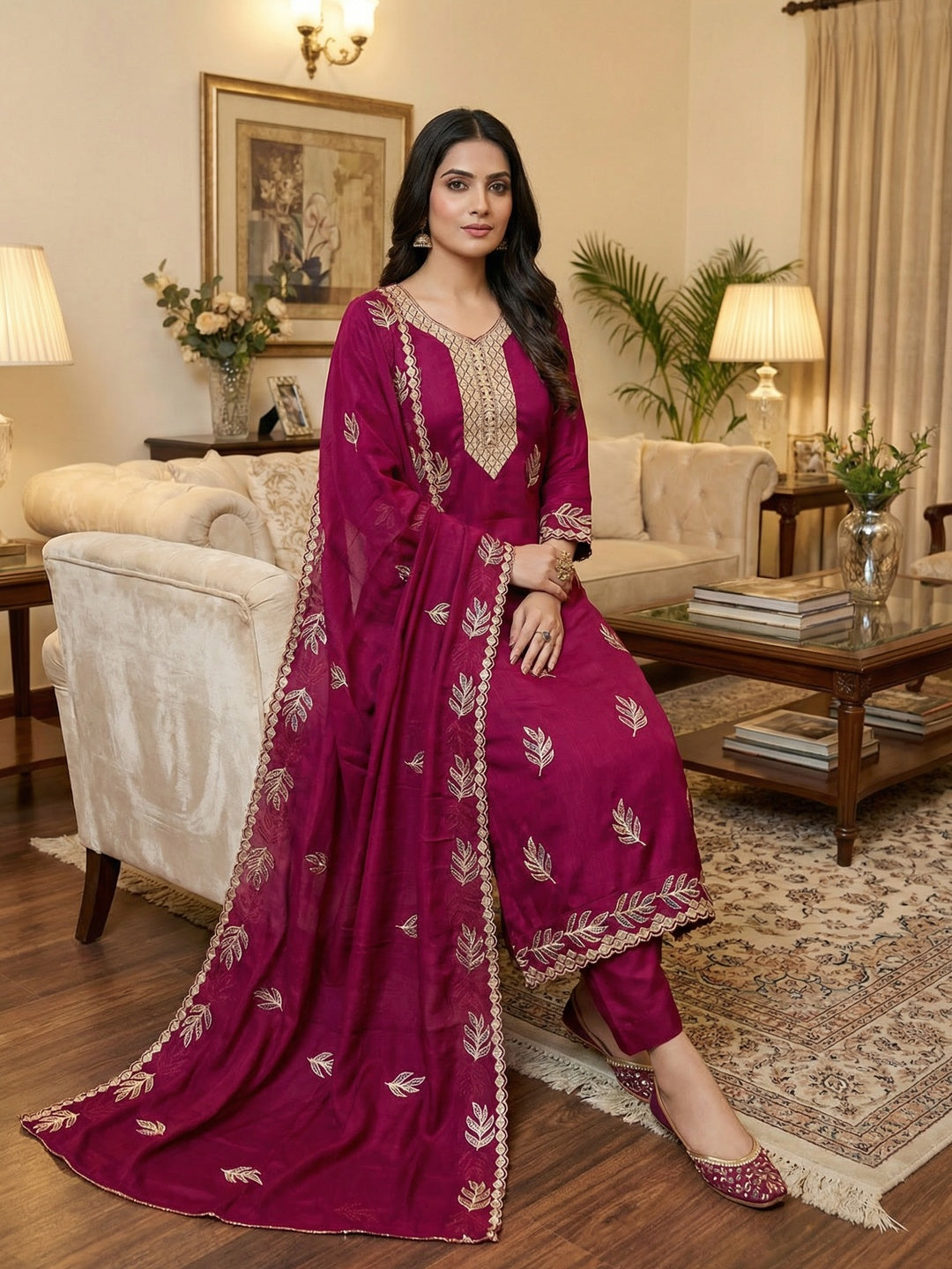 Graceful Pink Leaf Motif Embroidered Vichitra Silk Dress Material With Intricate Detailing - Image 2