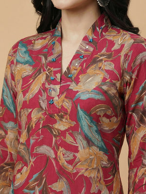 Crimson Red Floral Print Viscose Kurti with Mandarin Collar and Detailed Floral Pattern - Image 2