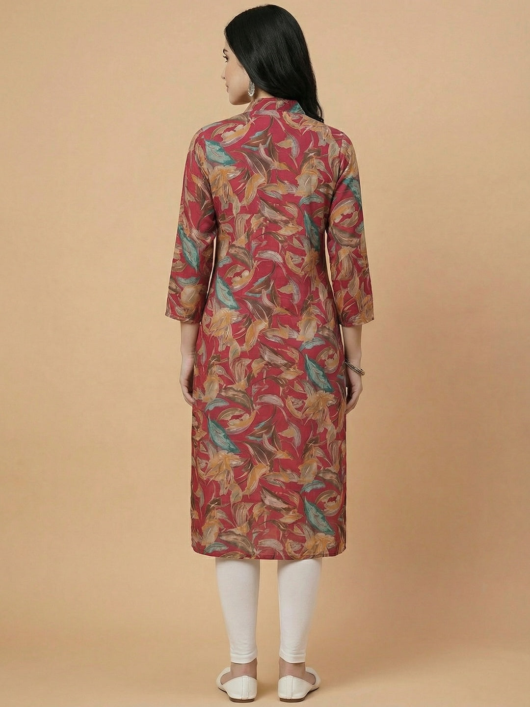 Crimson Red Floral Print Viscose Kurti with Mandarin Collar and Detailed Floral Pattern - Image 3