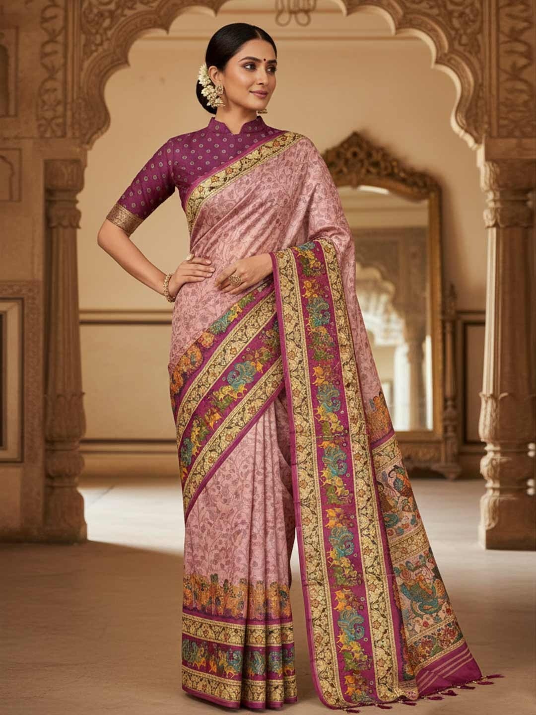 Traditional Pink Silk Blend Saree with Heritage Inspired Border for Wedding and Festive Wear - Image 1