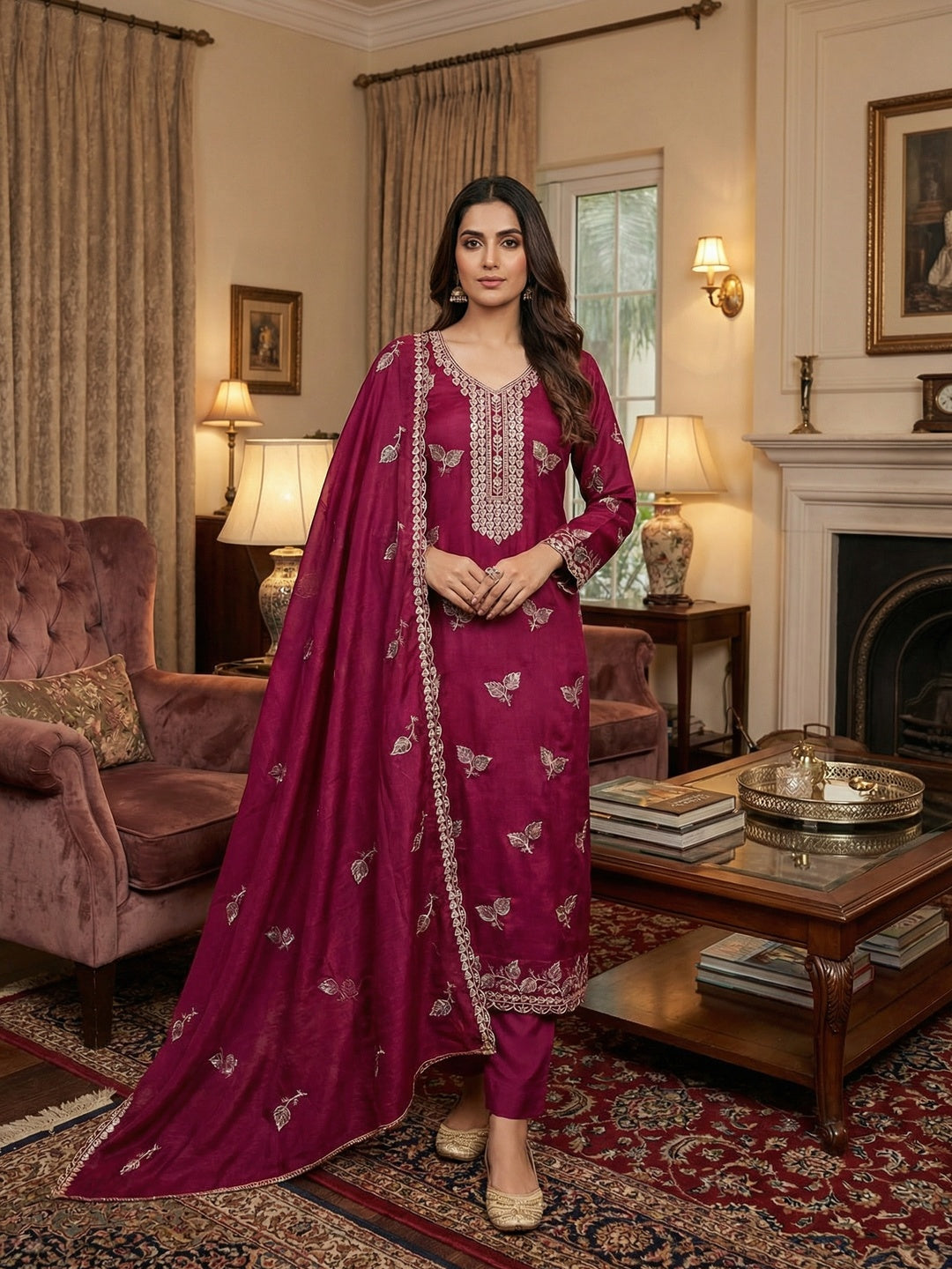 Premium Pink Leaf Embroidery Vichitra Silk Dress Material With Rich Textured Finish - Image 2