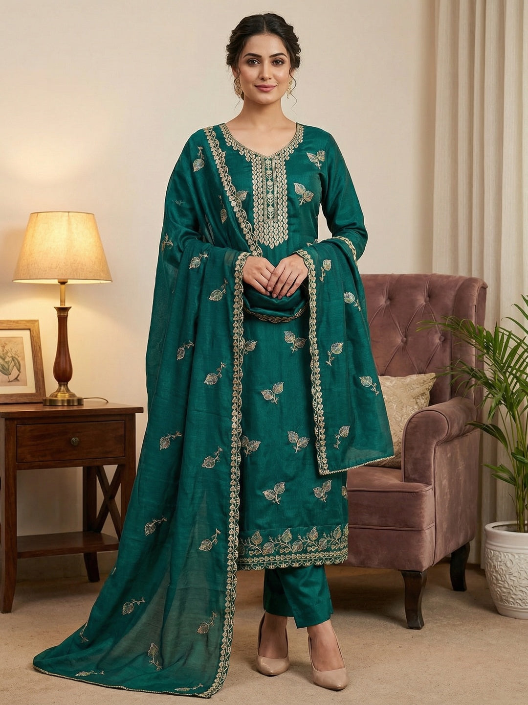 Premium Teal Green Leaf Embroidery Vichitra Silk Dress Material With Rich Textured Finish - Image 1