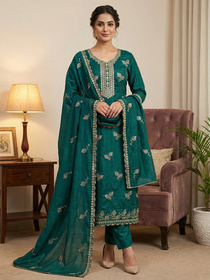 Premium Teal Green Leaf Embroidery Vichitra Silk Dress Material With Rich Textured Finish - Image 2