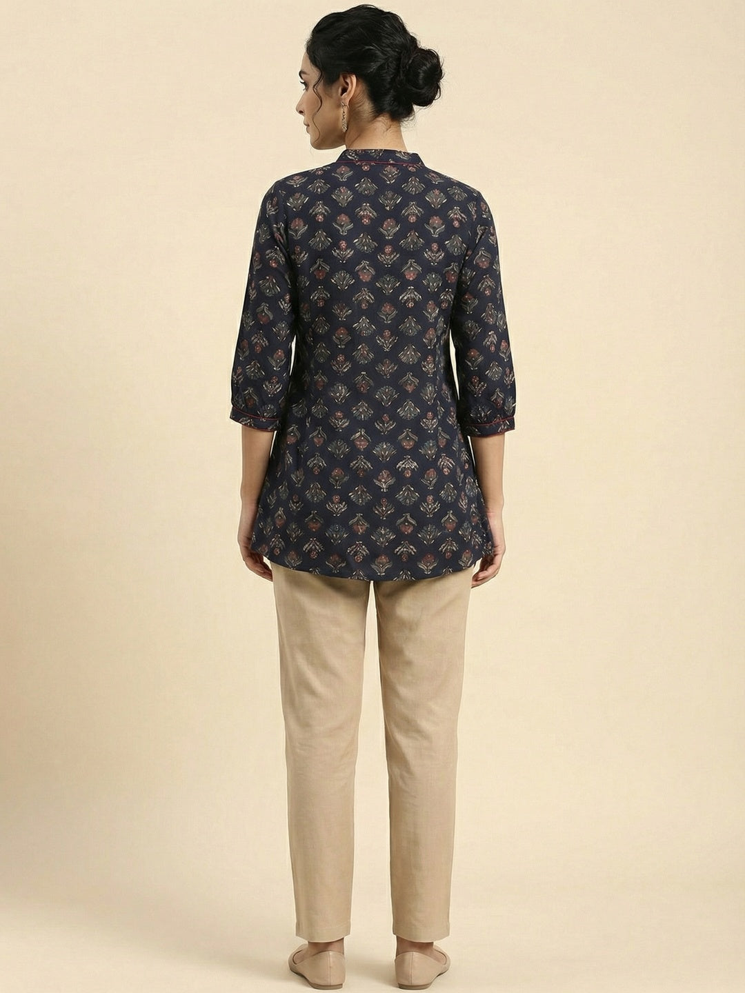 Navy Blue Floral Printed Rayon Straight Fit Top for Modern Casual Look - Image 3