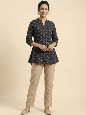 Navy Blue Floral Printed Rayon Straight Fit Top for Modern Casual Look - Image 1
