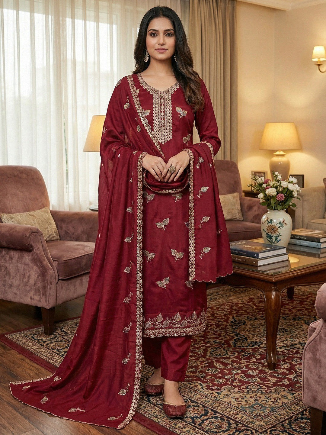Premium Maroon Leaf Embroidery Vichitra Silk Dress Material With Rich Textured Finish - Image 1