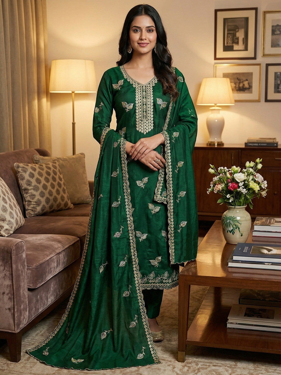 Premium Green Leaf Embroidery Vichitra Silk Dress Material With Rich Textured Finish - Image 2