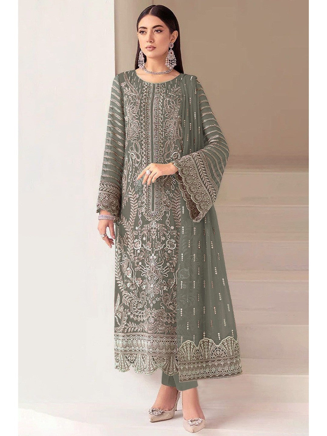Elegant Grey Embroidered Georgette Semi-Stitched Pakistani Salwar Suit - Image 1