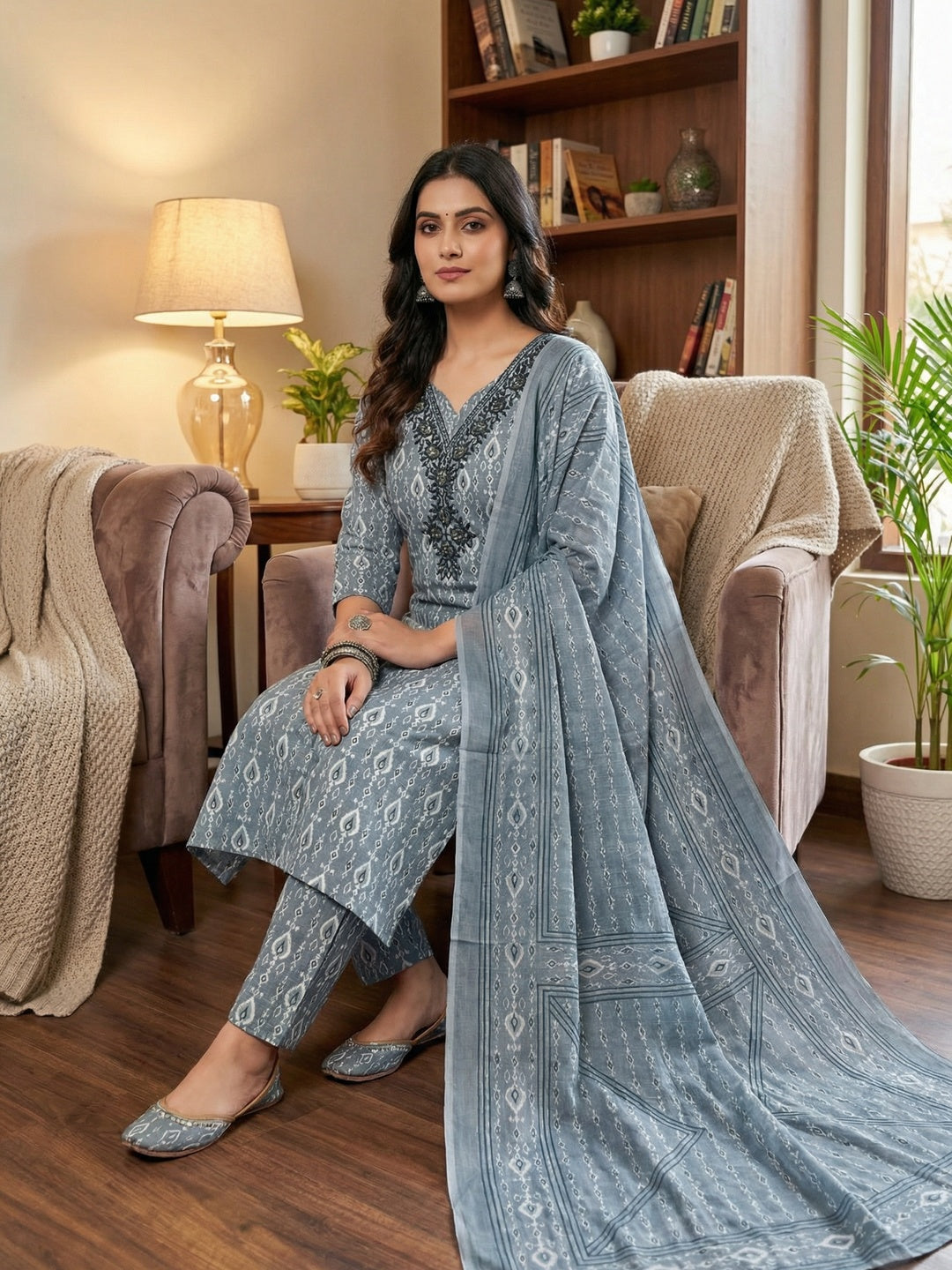 Classic Grey Ikkat Printed Cotton Blend Dress Material With Elegant Sequins Embroidery Work On Neck - Image 1