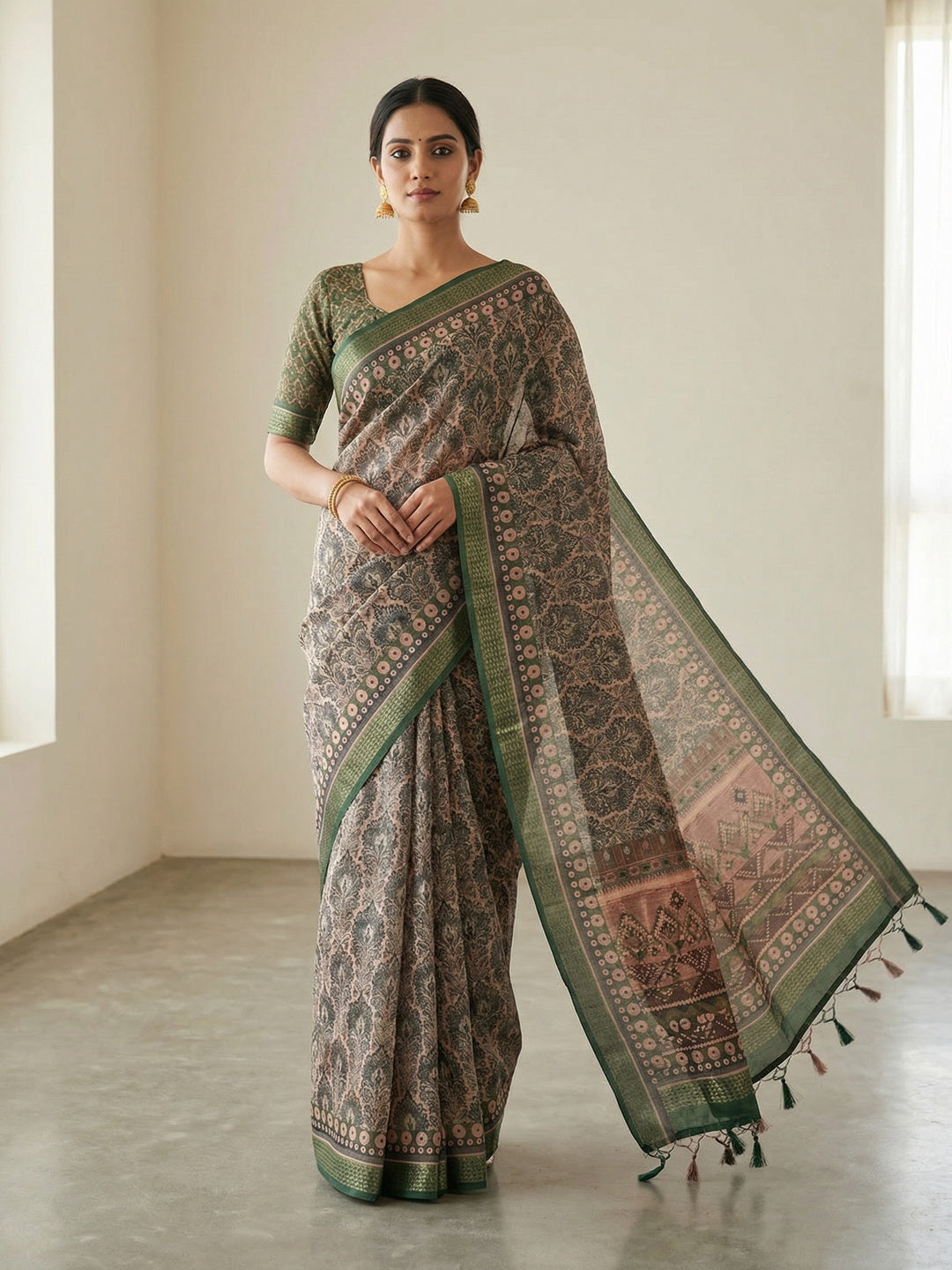 Beige & Green Abstract Digital Print Cotton Blend Saree with Fine Fabric Texture and Elegant Look - Image 1