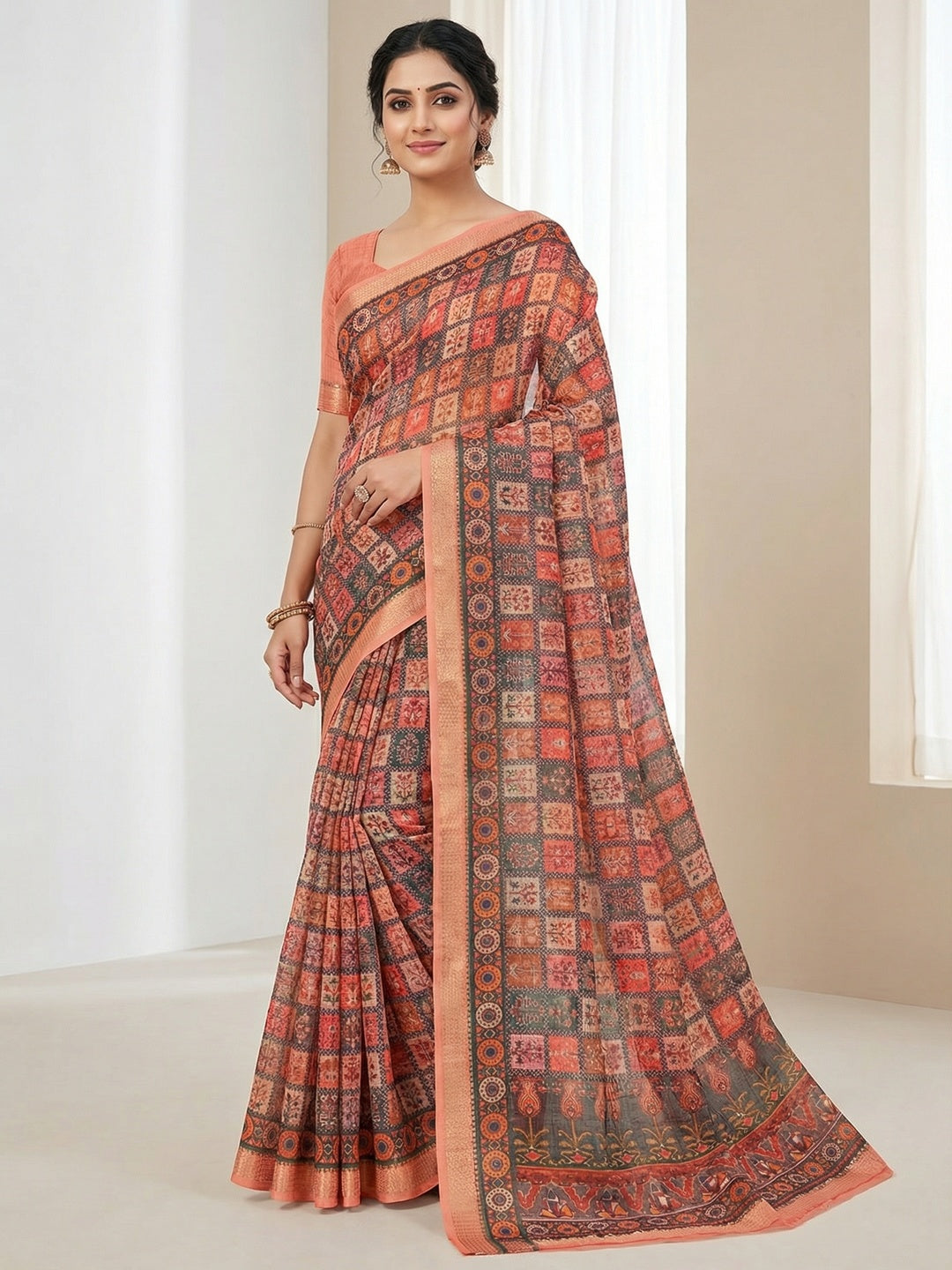 Peach Abstract Digital Print Cotton Blend Saree with Fine Fabric Texture and Elegant Look - Image 1