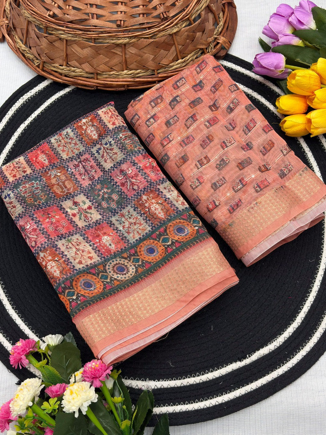 Peach Abstract Digital Print Cotton Blend Saree with Fine Fabric Texture and Elegant Look - Image 3