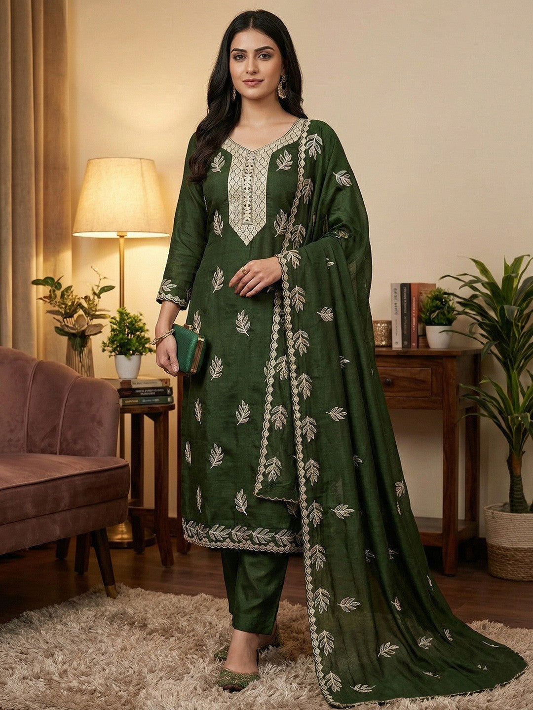 Graceful Green Leaf Motif Embroidered Vichitra Silk Dress Material With Intricate Detailing - Image 2