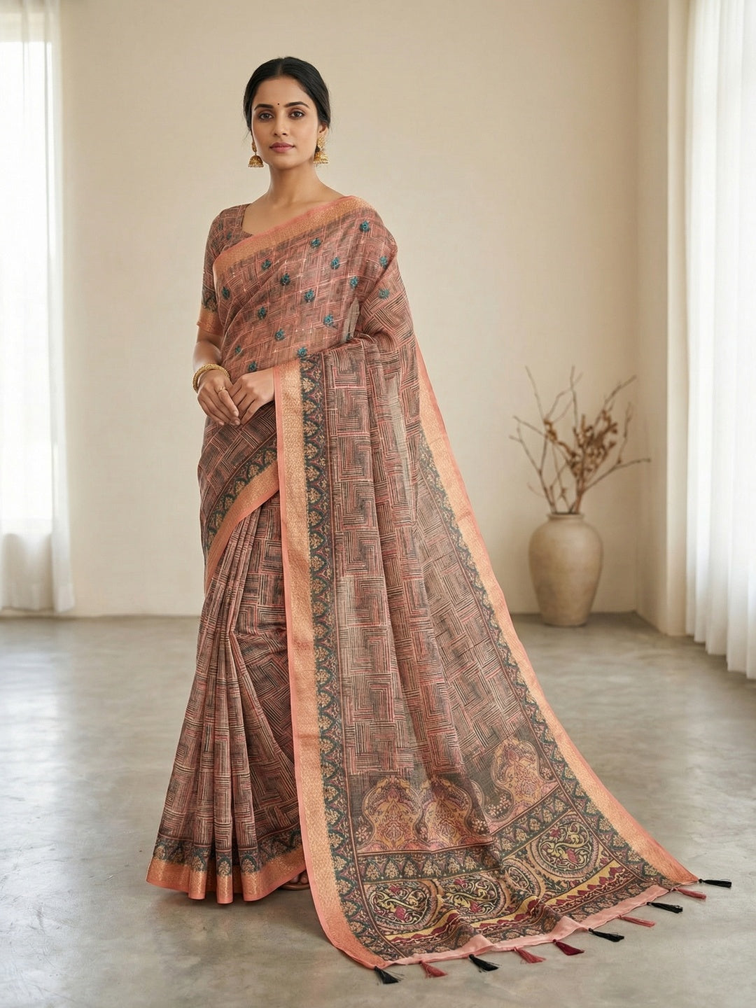 Peach Abstract Digital Print Cotton Blend Saree with Fine Fabric Texture and Elegant Look - Image 1