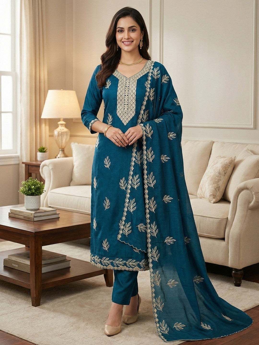 Graceful Morpich Blue Leaf Motif Embroidered Vichitra Silk Dress Material With Intricate Detailing - Image 2