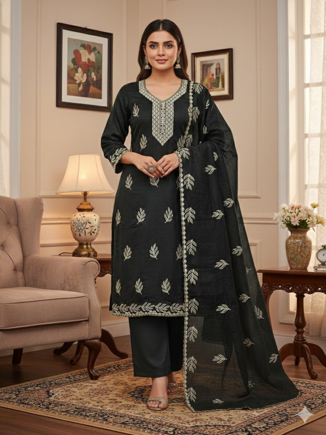 Graceful Black Leaf Motif Embroidered Vichitra Silk Dress Material With Intricate Detailing - Image 1