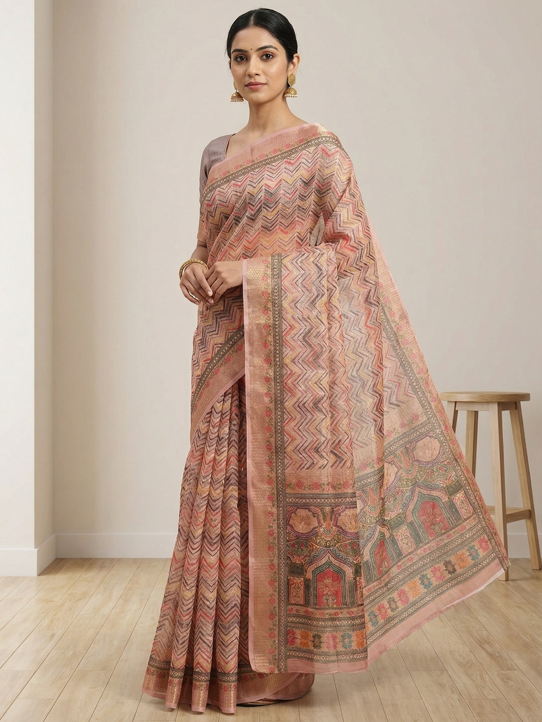 Peach Abstract Digital Print Cotton Blend Saree with Fine Fabric Texture and Elegant Look - Image 1