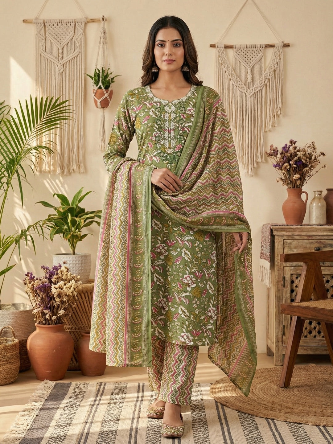 Fresh Green Floral Printed Cotton Blend Dress Material With Elegant Sequins Embroidery Work On Neck - Image 1