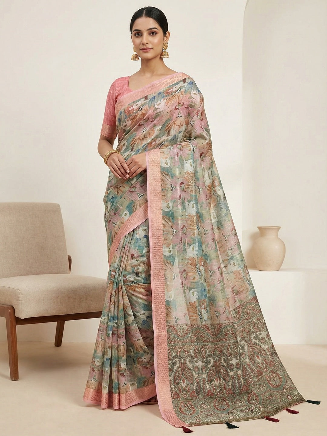 Sage Green Abstract Digital Print Cotton Blend Saree with Fine Fabric Texture and Elegant Look - Image 1