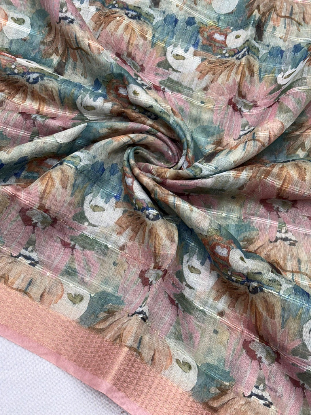 Sage Green Abstract Digital Print Cotton Blend Saree with Fine Fabric Texture and Elegant Look - Image 3