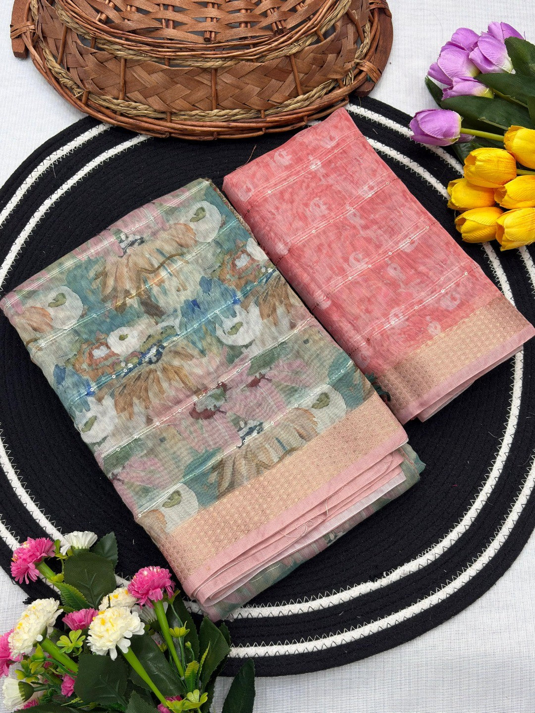 Sage Green Abstract Digital Print Cotton Blend Saree with Fine Fabric Texture and Elegant Look - Image 4