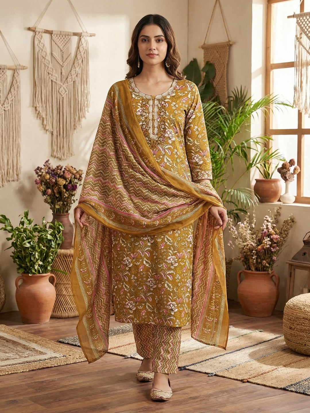 Fresh Mustard Floral Printed Cotton Blend Dress Material With Elegant Sequins Embroidery Work On Neck - Image 2