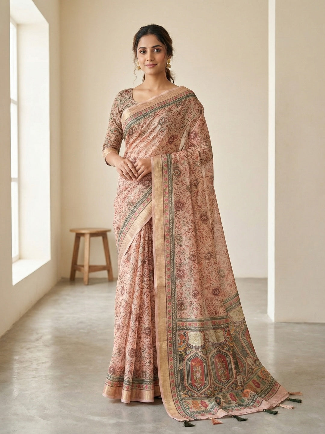 Peach Abstract Digital Printed Cotton Blend Saree with Detailed Digital Pattern Finish - Image 1