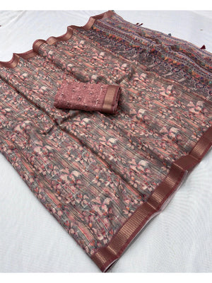 Peach Abstract Digital Printed Cotton Blend Saree with Detailed Digital Pattern Finish - Image 1