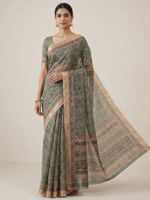 Green Abstract Digital Printed Cotton Blend Saree with Detailed Digital Pattern Finish - Image 1
