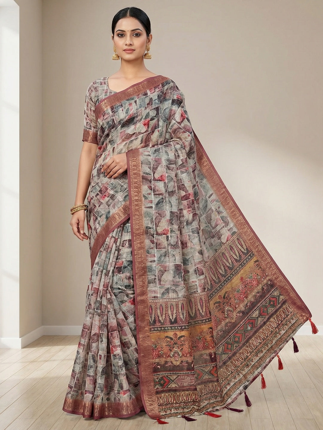 Grey Abstract Digital Printed Cotton Blend Saree with Detailed Digital Pattern Finish - Image 1