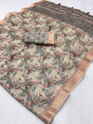 Cream Abstract Digital Printed Cotton Blend Saree with Detailed Digital Pattern Finish - Image 2