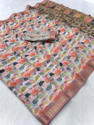 Pink Abstract Digital Printed Cotton Blend Saree with Detailed Digital Pattern Finish - Image 2