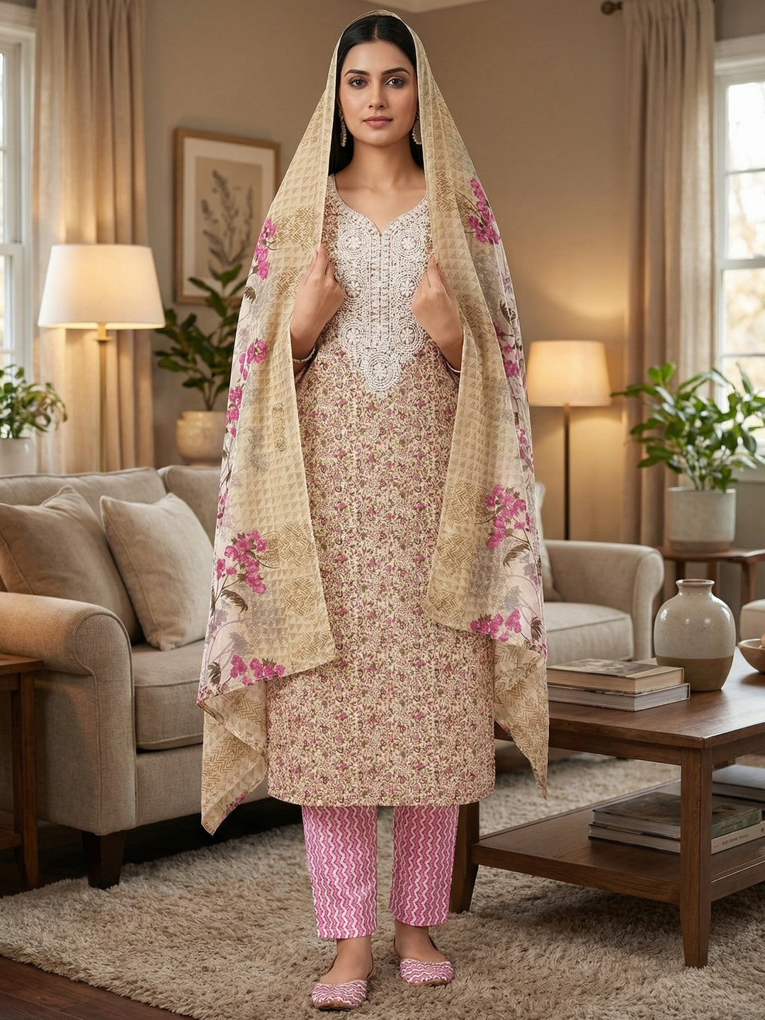 Stylish Cream & Pink Floral Printed Cotton Blend Dress Material With Embroidery Neck Work - Image 1