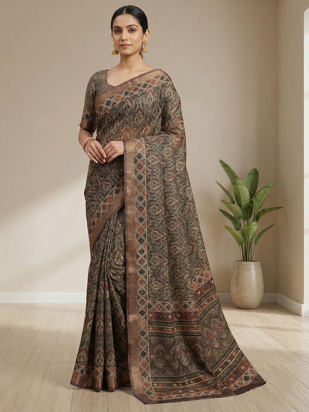 Black Abstract Digital Printed Cotton Blend Saree with Detailed Digital Pattern Finish - Image 1