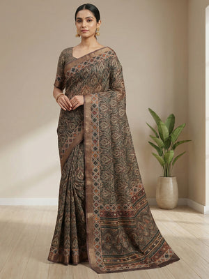 Black Abstract Digital Printed Cotton Blend Saree with Detailed Digital Pattern Finish - Image 1