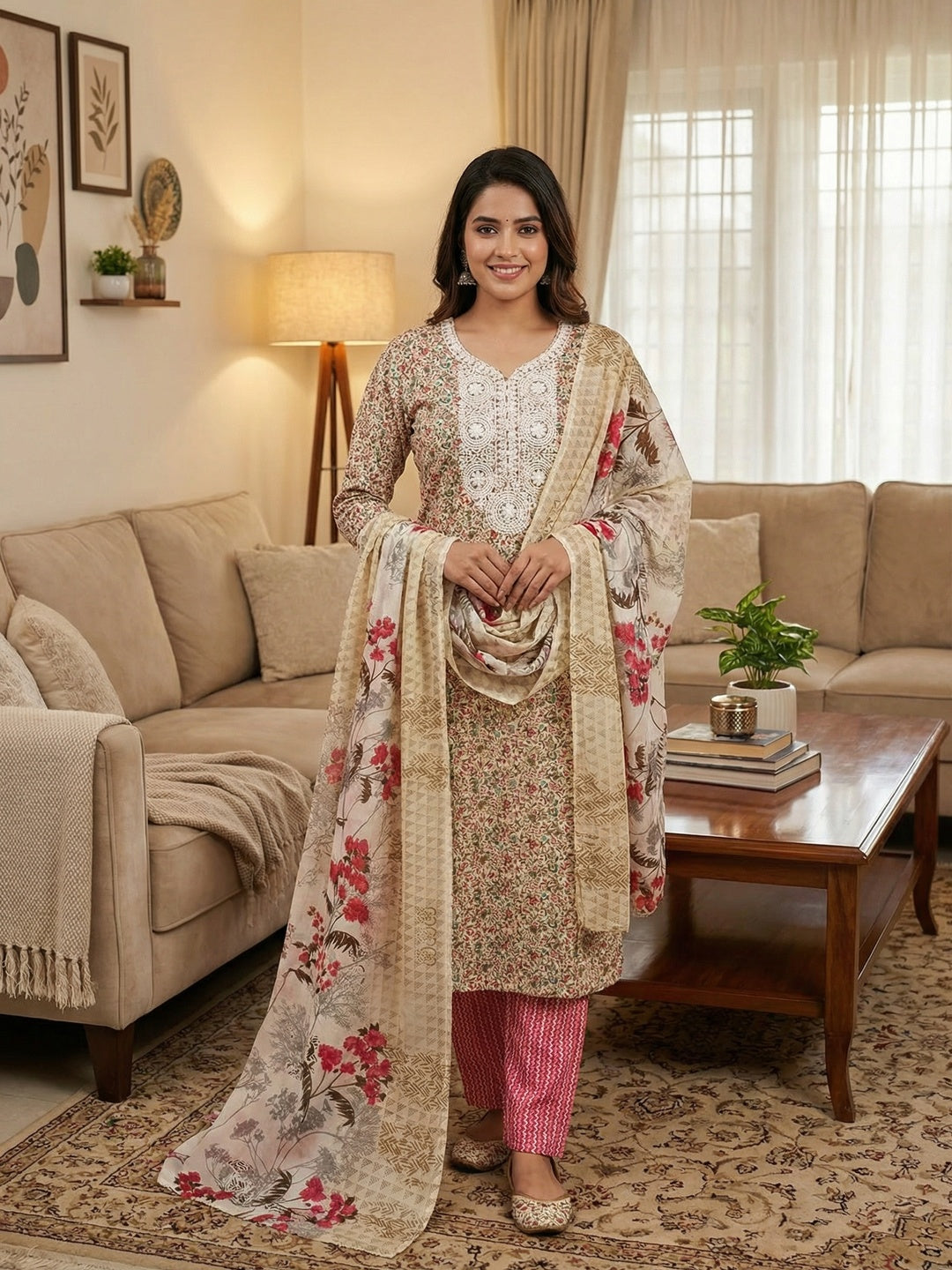 Stylish Cream & Gajari Pink Floral Printed Cotton Blend Dress Material With Embroidery Neck Work - Image 2