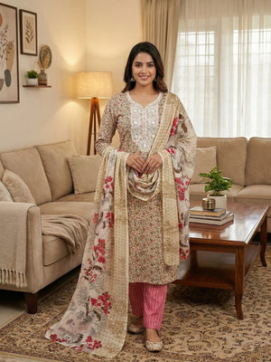 Stylish Cream & Gajari Pink Floral Printed Cotton Blend Dress Material With Embroidery Neck Work - Image 2