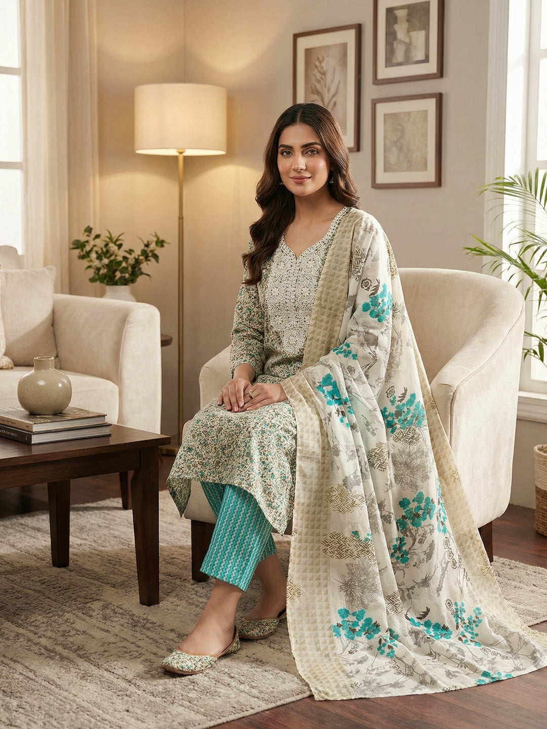 Stylish Cream & Turquoise Floral Printed Cotton Blend Dress Material With Embroidery Neck Work - Image 1