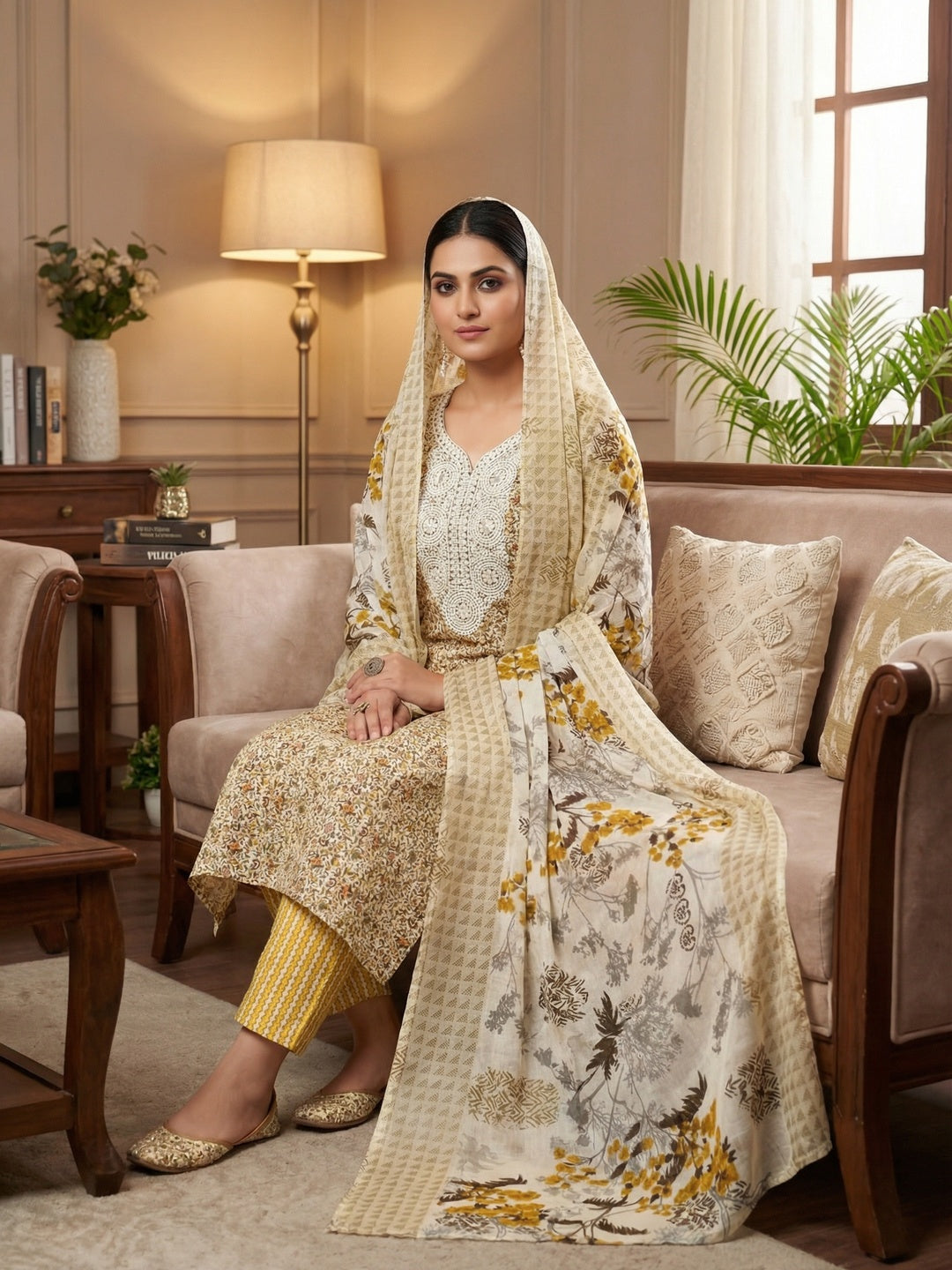 Stylish Cream & Yellow Floral Printed Cotton Blend Dress Material With Embroidery Neck Work - Image 1