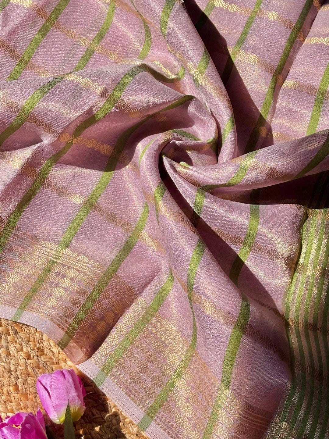 Pink Zari Woven Tissue Saree with Smooth Fabric Fall and Detailed Woven Pattern - Image 2