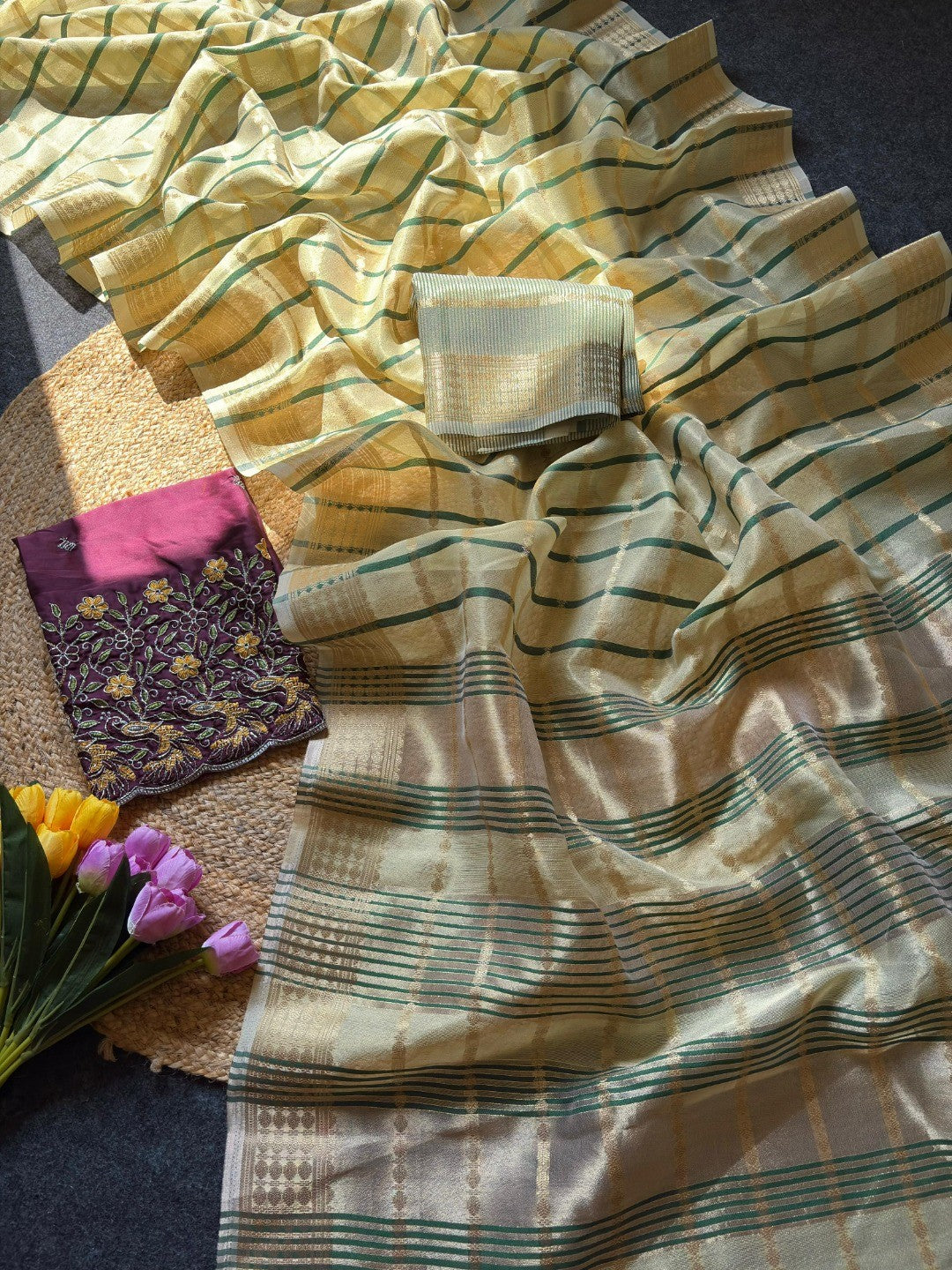 Green Zari Woven Tissue Saree with Smooth Fabric Fall and Detailed Woven Pattern - Image 3