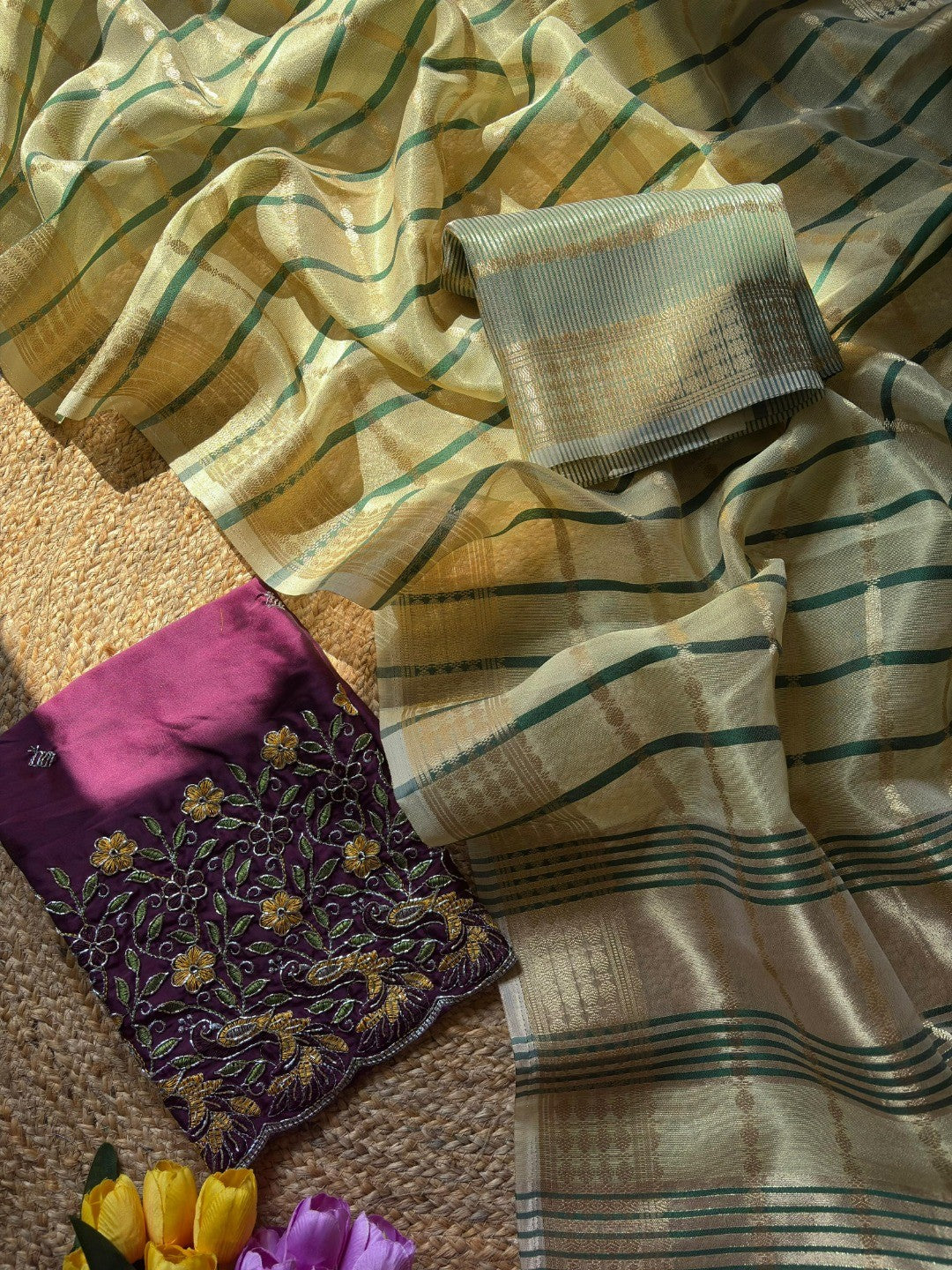 Green Zari Woven Tissue Saree with Smooth Fabric Fall and Detailed Woven Pattern - Image 3